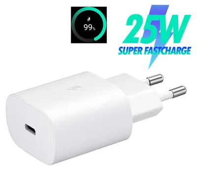 A white USB-C fast charger with text overlays indicating its specifications.