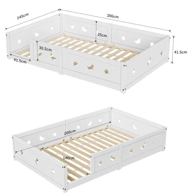 Image de Lit pour enfant - Lit Montessori au sol, type cabane, 140 x 200 cm - Avec barrière de sécurité - Sommier à lattes inclus - Bois massif - Pour garçons et filles - Blanc