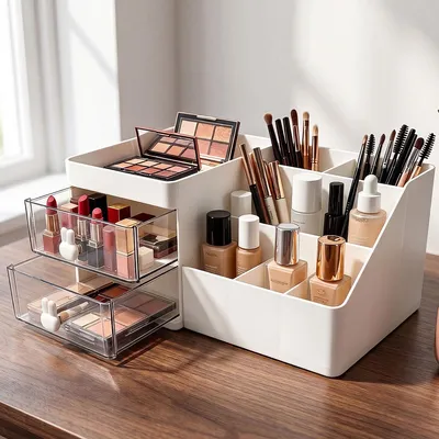 Make-up-Organizer mit Schublade, 8 Fächer, weiß, 28,5 cm, Kunststoff