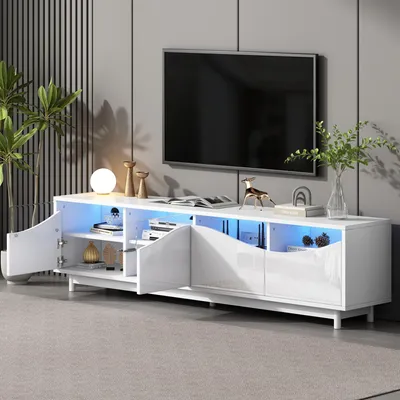 Image de MODFU Meuble TV Design Contemporain avec LED Intégrée et Porte en Verre - Banc TV pour Salon, 175x38x51 cm, Blanc