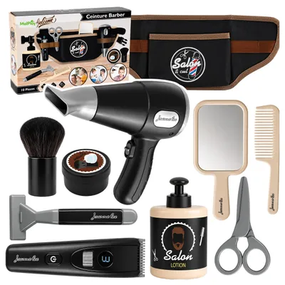 Image de Malplay - Ensemble de coiffure pour enfants : machine à couper les cheveux, sèche-cheveux, ceinture, coffret cadeau de 10 pièces pour les jeux de rôle