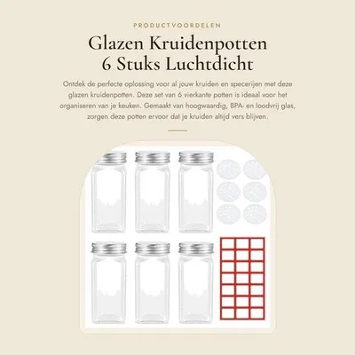 Produktbild von Gewürzgläser, 6 Stück, 120 ml - Glasbehälter - Luftdicht - Feuchtigkeitsbeständig - BPA-frei - Inklusive Etiketten - Gewürzflaschen