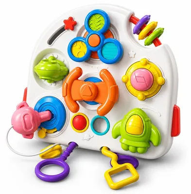 Produktbild von Montessori Busy Board Baby, 31-in-1 Aktivitätsbrett, Motorikspielzeug mit Dreh-, Schiebe- und Spielelementen, Weiß