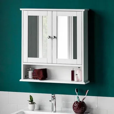 Image de Armoire de salle de bains avec miroir, à fixation murale - 2 portes - blanc
