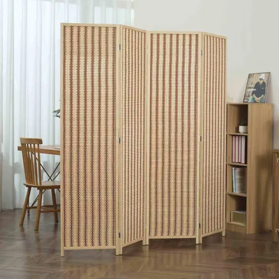 A room divider is shown in a room with a chair and a bookshelf.