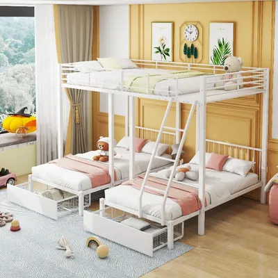 Immagine prodotto di Letto a castello in metallo bianco, dimensioni 246x206x177,8 cm, con tre letti e due cassetti, trasformabile in un letto da 140x200 cm e due letti da 90x200 cm