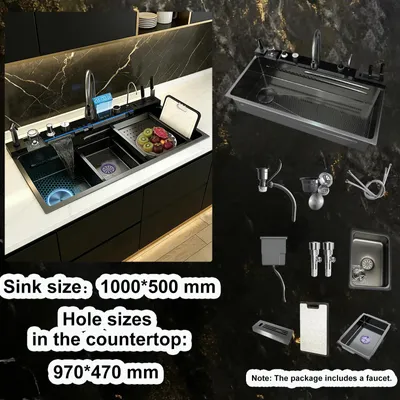 Produktbild von Moderne Küchenspüle - Einzelbecken 100 x 50 cm - Wasserfall-Spüle - Digitalanzeige - Edelstahl 304 gebürstet - Aufsatzmontage - Ohne Armatur - Linksausrichtung