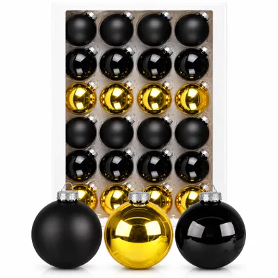 Produktbild von Weihnachtskugeln Schwarz Gold 24 Stück, Christbaumkugeln Glas 6 cm Matt & Glänzend für Weihnachtsbaum, Adventskranz & Tischdeko