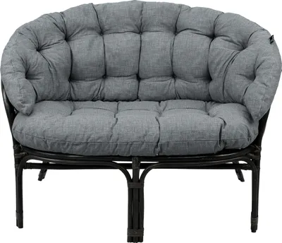 A gray upholstered rattan sofa shown from the front against a white background.