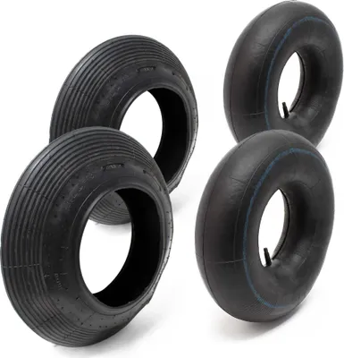 Image de Wiltec Lot de 2x Pneus & 2x Chambres à air 4.00-8 pour Roues de brouette – avec Valve droite TR13 – capacité de charge max. 160 kg – Chariot Jardinage Jardin Gazon