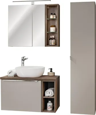 Image de Ensemble VANTA taupe : meubles sous vasque 80cm + vasque à poser + meubles de rangement + miroirs + LED