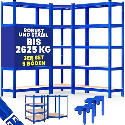 Zdjęcie produktu dla Zestaw 3 regałów przemysłowych, narożne, udźwig 2625 kg, 15 płyt MDF. Regał magazynowy, regał do piwnicy, regał modułowy, regał do warsztatu, system regałowy, kolor niebieski