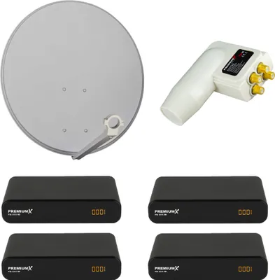A satellite dish, LNB, and four satellite receivers are arranged on a white background.