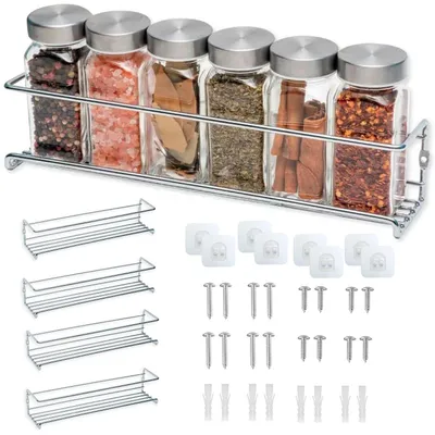 Produktbild von Set mit 4 wandmontierbaren Gewürzregalen, kein Bohren erforderlich, Küchenregal aus Metall, silberfarben