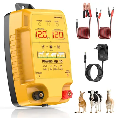 Productafbeelding van 12V weideomheiningapparaat met LED-display, 1,5-3 Joule, waterdicht. Stroombron voor elektrische omheining, bereik 10 km. Elektrische omheiningapparaat voor runderen en schapen