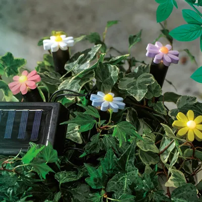 Produktbild von LED Solar Lichterkette Blumen - 5 Gartenstecker mit bunten Blümchen - L: 1,2m H: 17cm - Lichtsensor