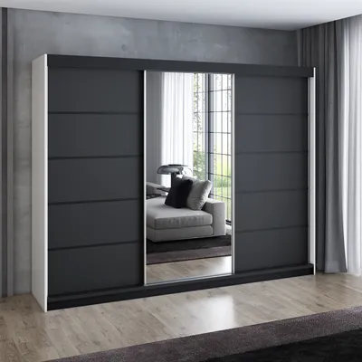 Produktbild von Schwebetürenschrank 200 cm, 3-türig, mit Spiegel & 4 Schubladen, Retro-Stil, modern, in Weiß/Schwarz/Sonoma – Kleiderschrank Velturo 4