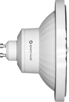Side view of a white LED light bulb with a GU10 base.