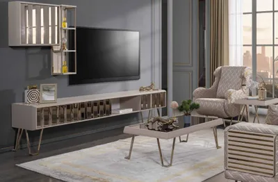 Image de Support TV RTV Étagères murales Table basse Beige Métal Moderne Salon Set 3pcs