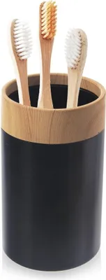 Image de Gobelet à brosse à dents en plastique noir avec détails en bois