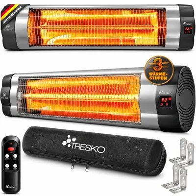 Produktbild von TRESKO Infrarot Heizstrahler 2500W silber mit Fernbedienung, Timer & Abdeckung | Wärmestrahler Terrasse elektrisch mit 3 Heizstufen | Terrassenstrahler Innen & Außen | Wand-Infrarotstrahler mit LED-Anzeige Quarzstrahler Wickeltischstrahler