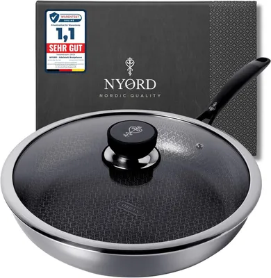 A frying pan with a glass lid and its packaging are displayed against a white background.