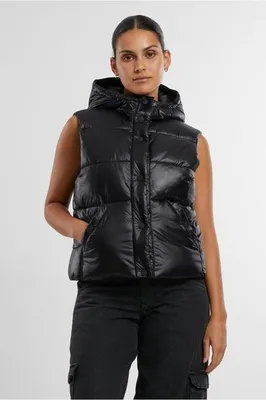 Immagine prodotto di Urban Classics Gilet da donna in tessuto riciclato lucido con cappuccio nero - XS