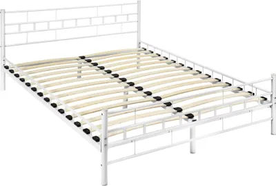 A white metal bed frame with wooden slats, shown from a diagonal angle against a white background.