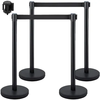 Productafbeelding van VEVOR Personenleidingssysteem, 4 stuks, totale hoogte 90 cm, VIP-afsluiting met vierwegadapter, afscheidingen, afsluitpalen met een lint van 2 meter lang, geschikt voor luchthavens, stalen en ijzeren constructie, zwart
