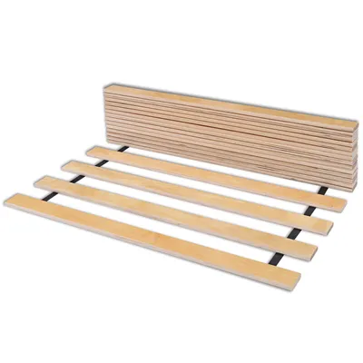 A wooden bed slatted frame laid out on a white background.