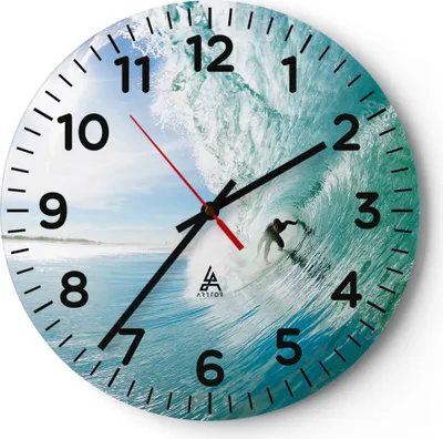 Produktbild von Wanduhr - Rund - Glasuhr - Abenteuer surfer welle ozean - 40x40cm - Schleichendes Uhrwerk - Lautlos - zum Aufhängen bereit - Dekoration Modern - Wanddekoration aus Glas - C4AR40x40-2541