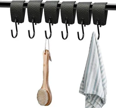 Produktbild von Haken-Set mit 6 S-Haken, Lederlösen, Schwarz