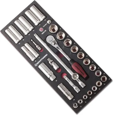 Zdjęcie produktu dla KRAFTWERK 4903-02, Zestaw kluczy nasadowych, 32 szt., 168 mm, 394 mm, 30 mm, Rękojeść z mechanizmem zapadkowym, Uchwyt T