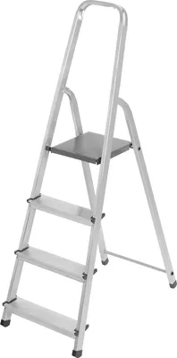 A silver stepladder with four steps and a platform is shown against a white background.