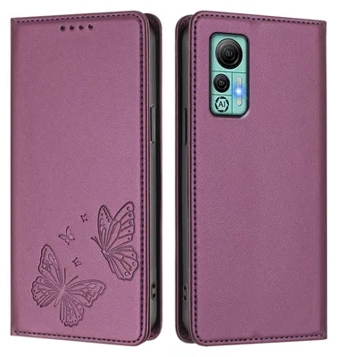 Produktbild von Lederhülle für Ulefone Note 14, Schmetterling Prägung Leder Brieftasche Schutzhülle mit Ständer Lila