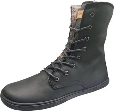 A black lace-up boot with a fur lining, shown against a white background.