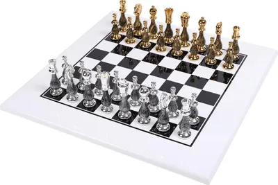 Productafbeelding van Schaakset messing/hout, goud/zilver, fantasie ontwerp, 10 cm + schaakbord wit/zwart, 50 cm
