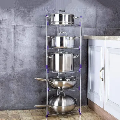 Produktbild von Pfannenhalter Edelstahl 5 Etagen, Topf Organizer Pfannen Organizer Höhenverstellbar Pfannenregal Robuste Topfregal Freistehender Pfannenständer