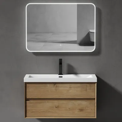 Produktbild von doporro Badmöbelset Waschbecken-Unterschrank mit Soft-close in Kerneiche Wandhängender Badezimmerunterschrank 100cm inkl. Mineralguss-Waschbecken und LED-Badspiegel Rimo