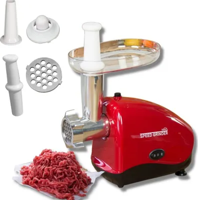 Image de Starlyf® Speed Grinder - Hachoir à viande électrique avec accessoire pour kibbeh et saucisses, 300 watts, bouton de marche arrière, ventouses, rouge
