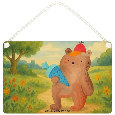 Produktbild von Mr. & Mrs. Panda Schild Bär Schultüte Design DIN A4 - Weiß - Geschenk, Schulbeginn, wandtafel, Schulanfang, Türschild, Einschulung, Erster Schultag, Teddy, Holzschild