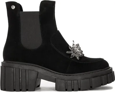 Produktbild von Damen Stiefel Schwarz Wildleder isoliert Plateau 3,5 cm Absatz 6,5 cm Kristallverzierung