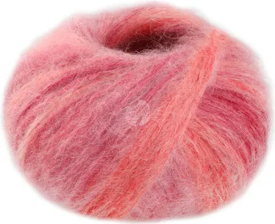 A ball of yarn with a fuzzy texture and a gradient of pink, red, and orange colors.