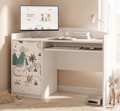 Produktbild von Kinderschreibtisch Schülerschreibtisch Weiß mit Schrank und Schublade | Lerntisch für Mädchen & Jungen | Tolles Design mit Motiv