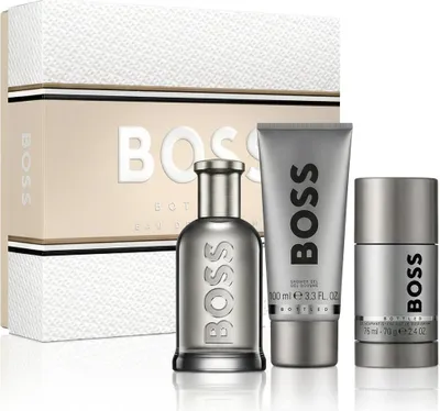 A product shot of a Hugo Boss fragrance gift set.