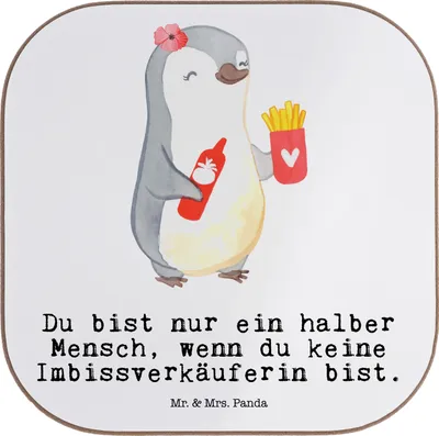 Produktbild von Mr. & Mrs. Panda Tischschoner Imbissverkäuferin Herz - Weiß - Geschenk, Imbissbesitzerin, Holzuntersetzer, Untersetzer für Gläser, Spruch, Coaster, Lustig, Witzig, Design