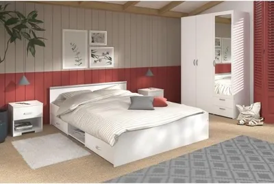 Image de Chambre Complète Adulte, Lit 140x190 cm avec Tiroir, Armoire 3 Portes 2 Tiroirs, 2 Chevets,Reproduction Blanc, ZODIAC PARISOT