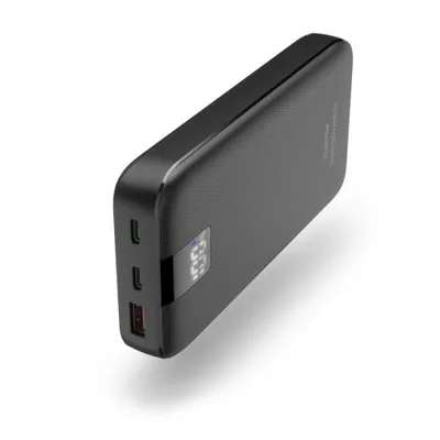 A black power bank is shown from a diagonal angle on a white background.