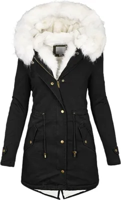 Produktbild von Winterjacke Damen Lang - Warmer Mantel mit Kapuze, Winterparka mit Reißverschluss, Slim-Fit Plüschjacke mit Kordelzug und Taschen, Marineblau, 3XL