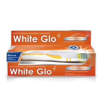 Produktbild von White Glo Anti-Plaque Whitening Paste zur Entfernung und Vorbeugung von Zahnstein, 100ml + Zahnbürste